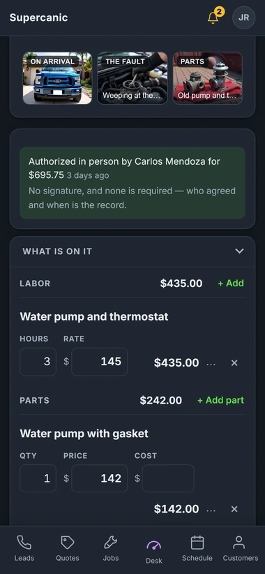 A job card showing the customer's authorization, with arrival, fault and parts photos